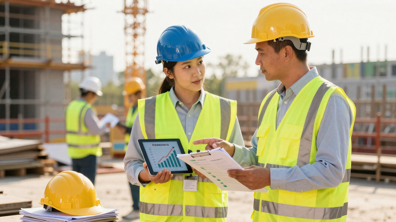 Dois engenheiros de construção a discutir dados num tablet e num clipboard numa obra ao ar livre.