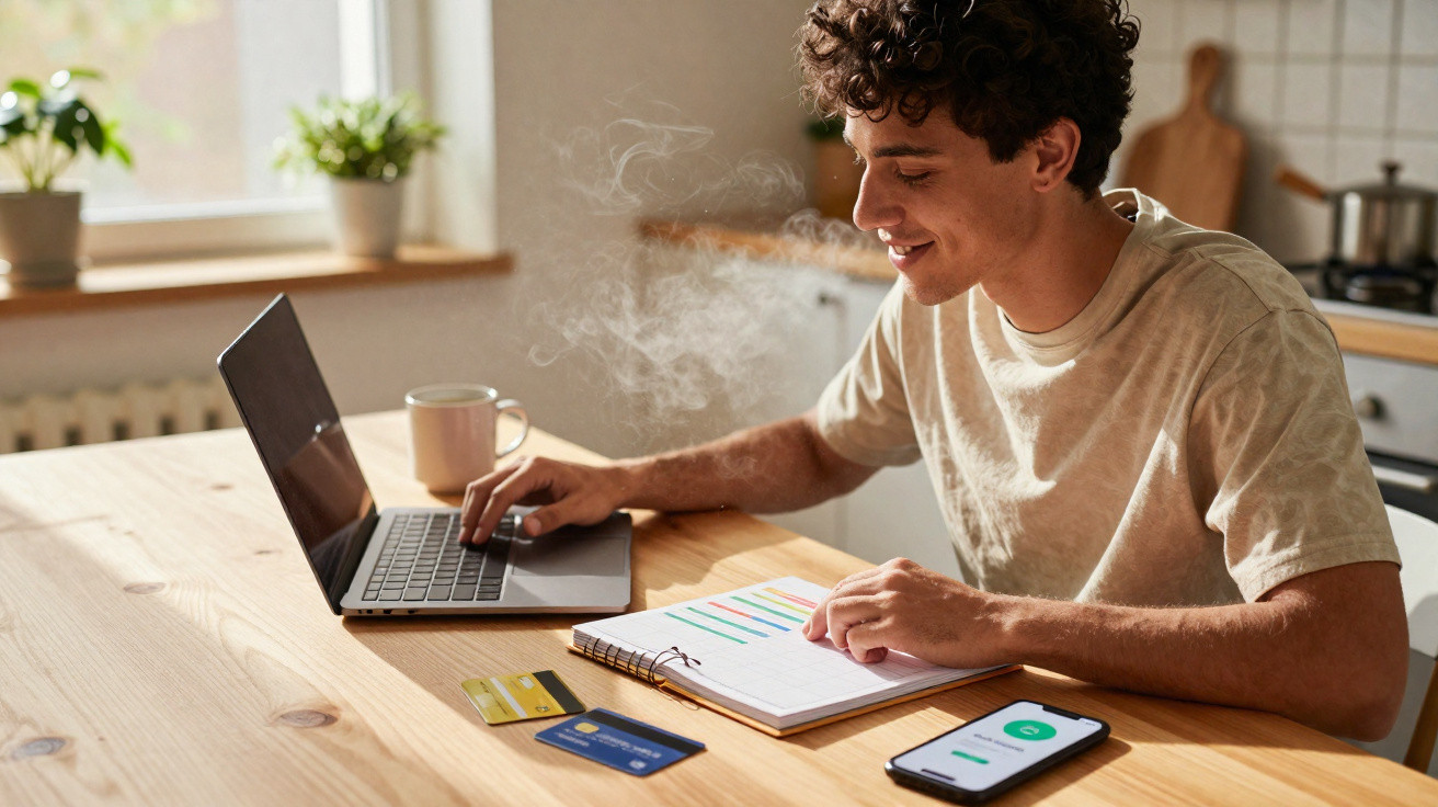 Homem sorridente trabalha ao computador com caderno, cartões e telemóvel numa mesa de madeira na cozinha.