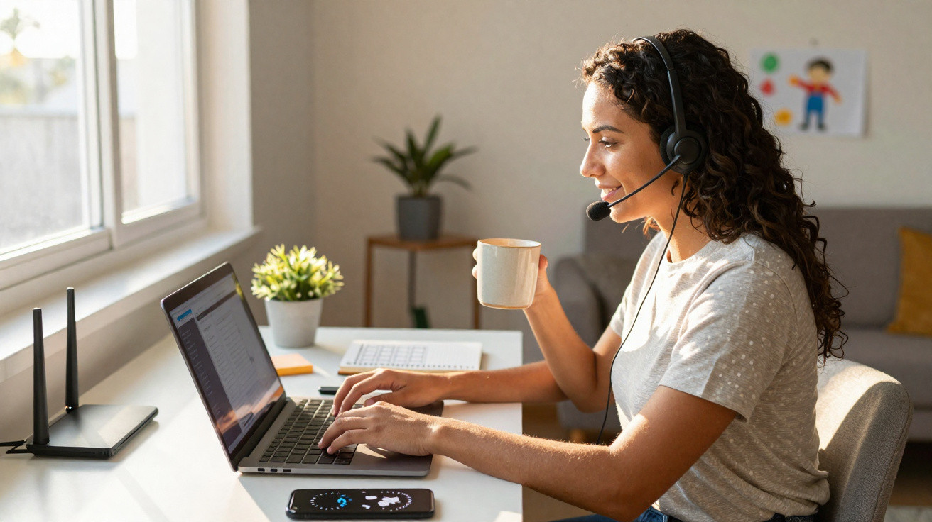 Mulher com headset a trabalhar num portátil e a beber café num ambiente luminoso e confortável em casa.