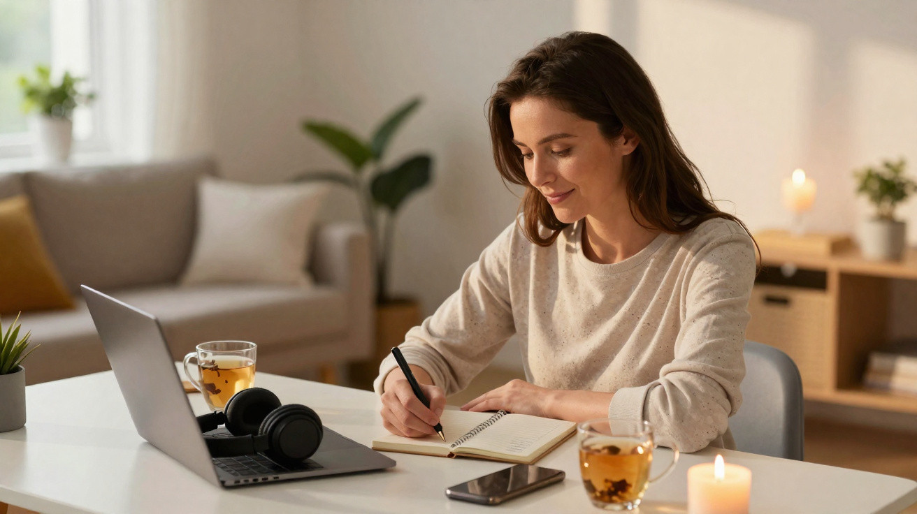 Mulher a escrever num caderno, sentada à mesa com computador portátil, chá, vela e auscultadores à sua frente.
