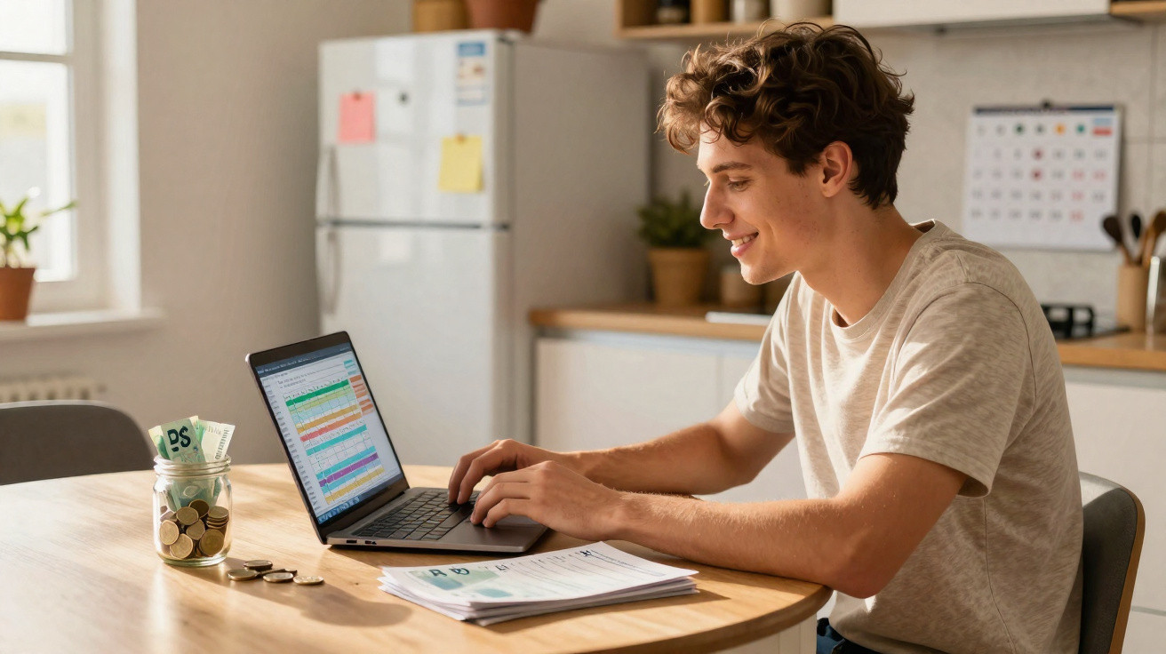 Jovem a trabalhar num computador portátil na cozinha, com moedas e notas num jarro na mesa.