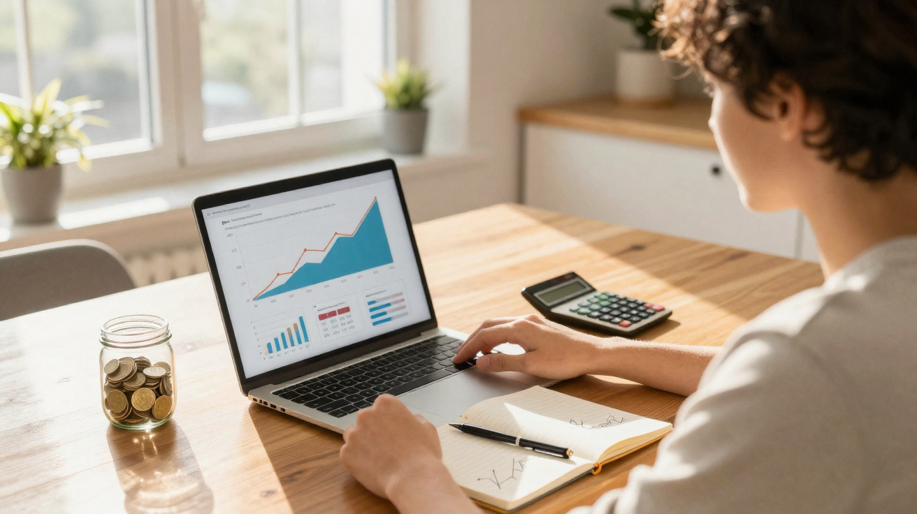 Pessoa a analisar gráficos financeiros num computador portátil com jarro de moedas e calculadora numa mesa.