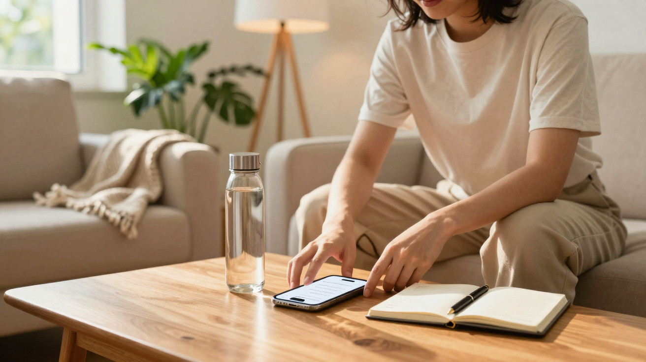 Pessoa sentada no sofá a usar telemóvel com caderno aberto e garrafa de água numa mesa de madeira.