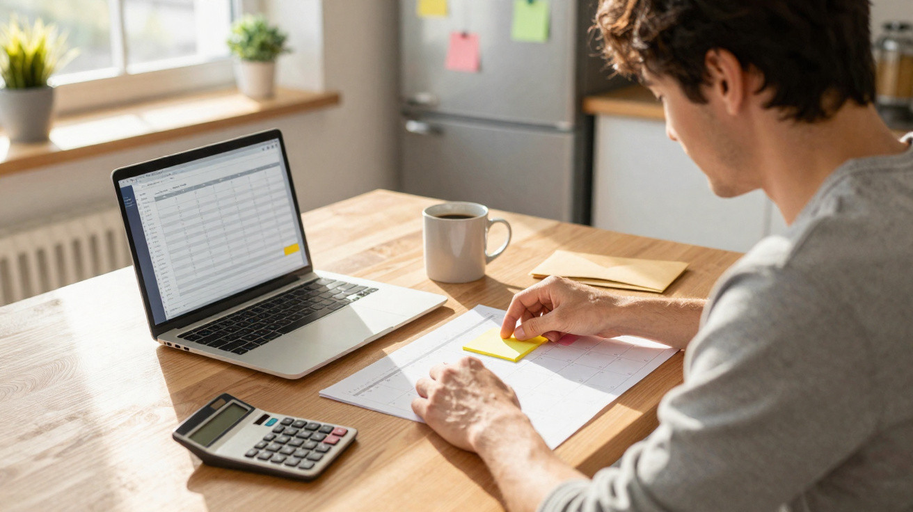 Homem a trabalhar em secretária com computador portátil, calculadora, calendário e papéis adesivos.