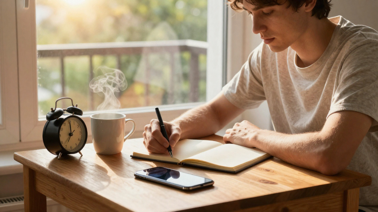 Jovem sentado à mesa a escrever num caderno, com um relógio, telemóvel e chá quente ao lado.