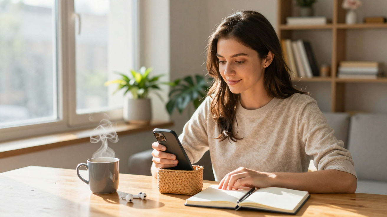 Mulher sorridente sentada à mesa com telemóvel, caderno aberto, auriculares e chá quente num ambiente acolhedor.