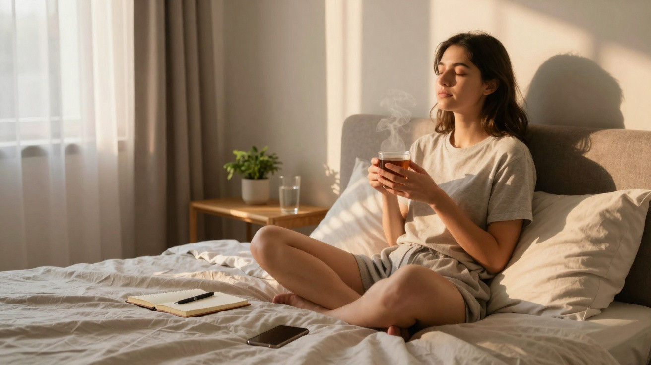 Mulher sentada na cama a relaxar e segurar chá quente, com olhos fechados, em quarto iluminado pelo sol.