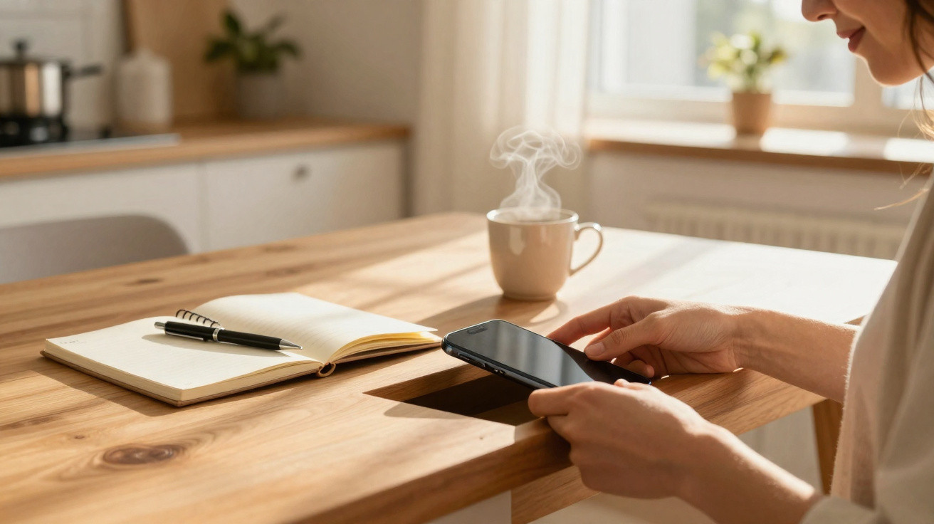 Pessoa a usar telemóvel numa mesa de cozinha com caderno, caneta e chá quente a fumegar à luz natural.