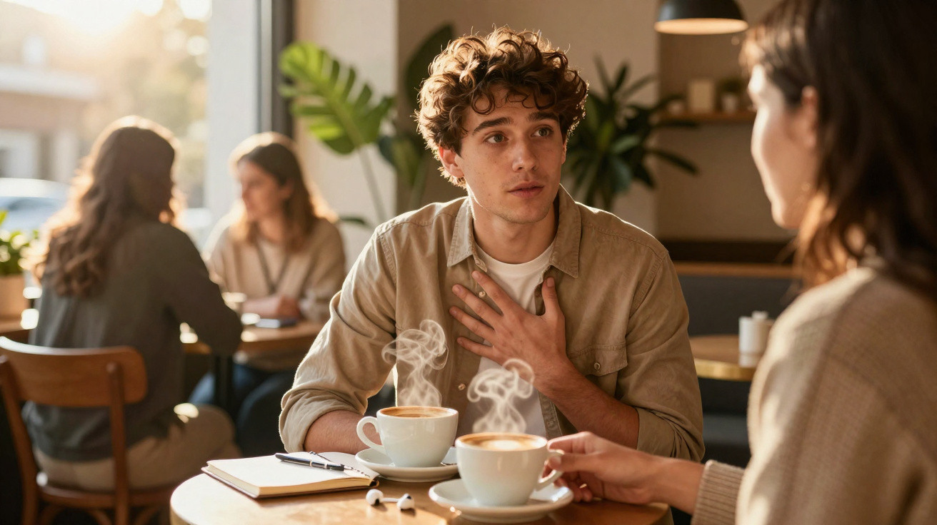 Jovem homem expressa surpresa enquanto conversa numa cafetaria com uma mulher, com chávena de café à frente.