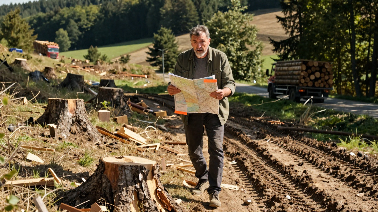 Homem com mapa numa área florestal cortada, junto a uma estrada com camião a transportar madeira.