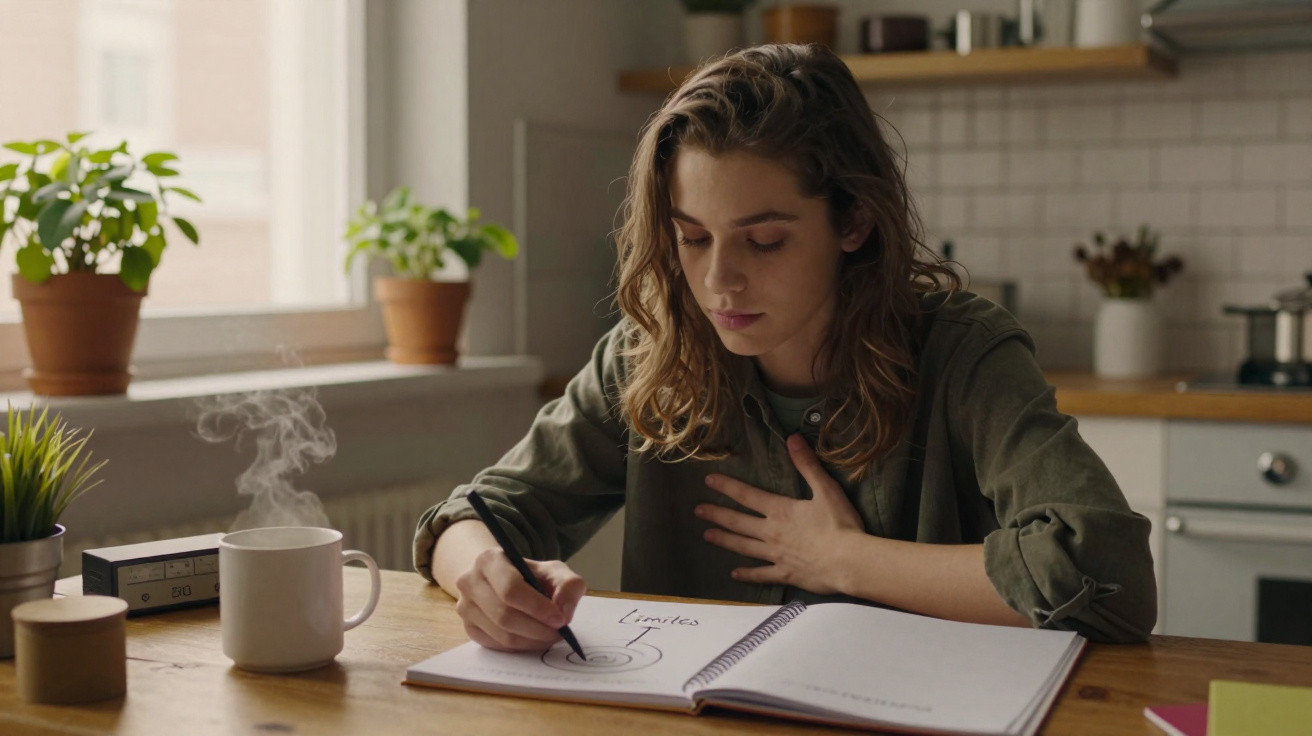 Mulher jovem desenha num caderno sentada à mesa com chá quente e plantas ao fundo numa cozinha iluminada.
