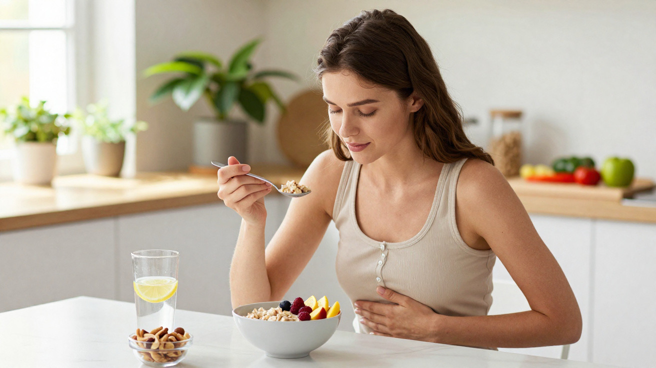 Mulher com dor abdominal a comer uma tigela de cereais com frutas numa cozinha luminosa.