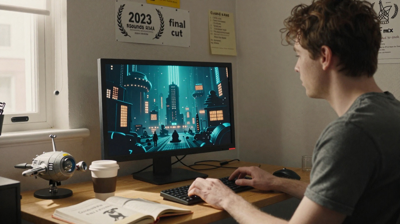 Jovem sentado a jogar num computador, com um cenário futurista de cidade na tela e ambiente de trabalho organizado.