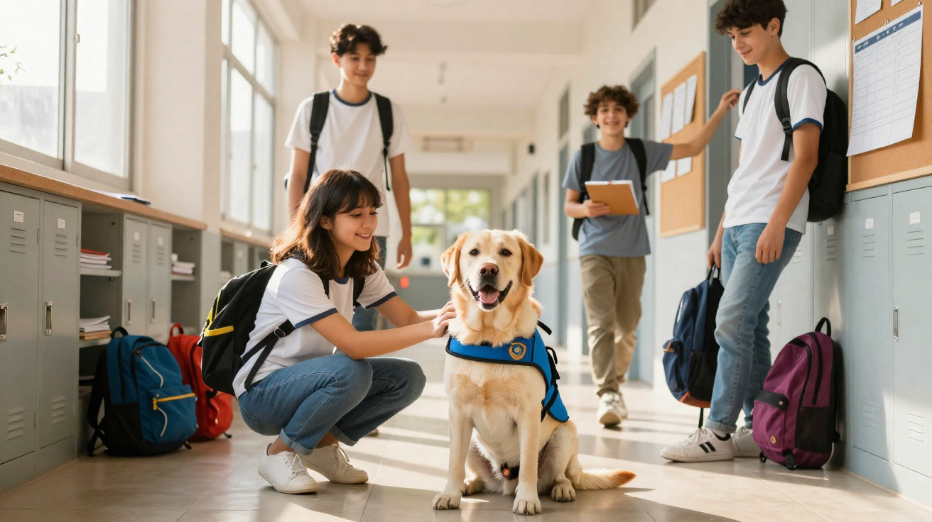 Estudantes numa escola acariciam um cão-guia num corredor iluminado com armários e mochilas.