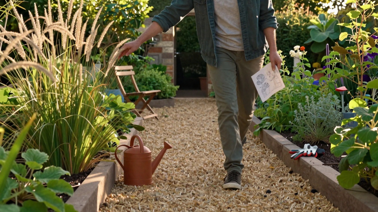 Pessoa a caminhar num jardim com plantas e ferramentas de jardinagem espalhadas.