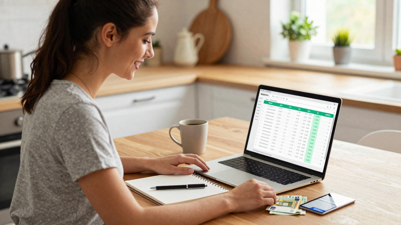 Mulher a analisar dados financeiros num portátil, com notas e telemóvel sobre a mesa na cozinha.