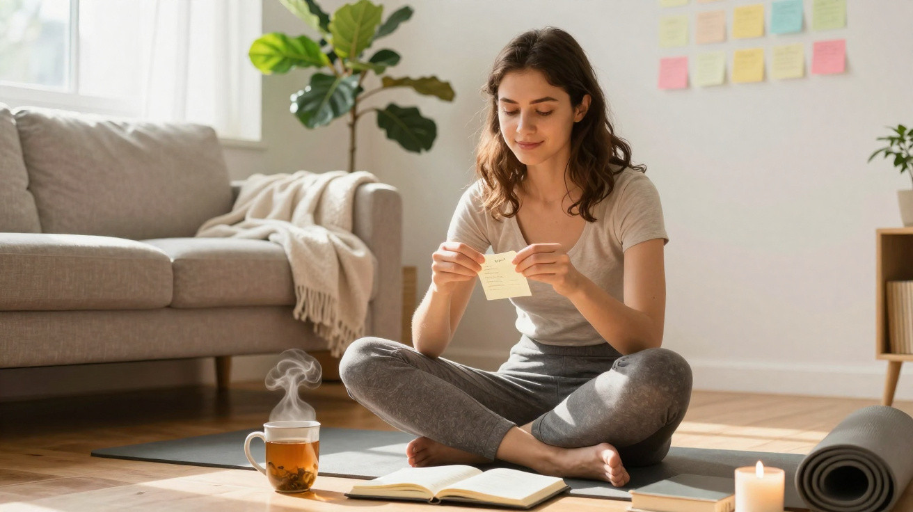 Mulher sentada no chão a ler um post-it, com chá, vela acesa e livro num ambiente calmo em casa.