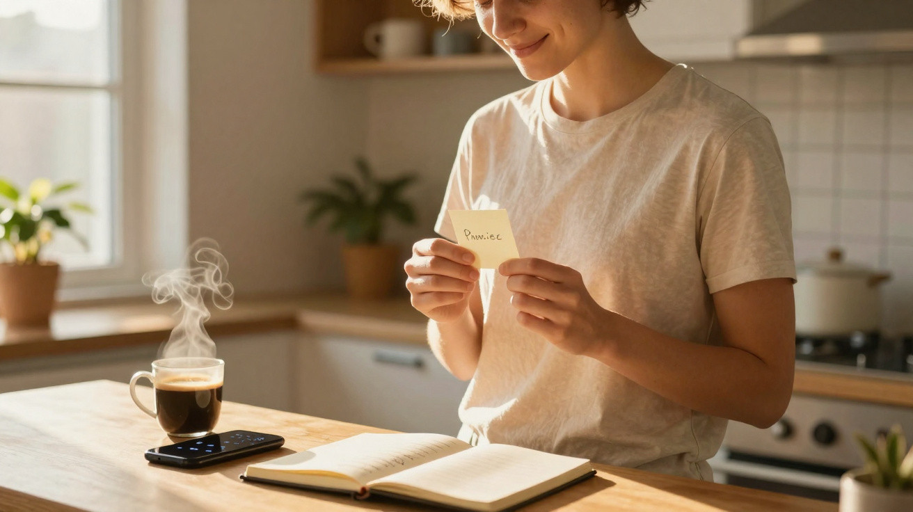 Pessoa a sorrir enquanto lê um post-it na cozinha junto a um café fumegante, telemóvel e caderno aberto.