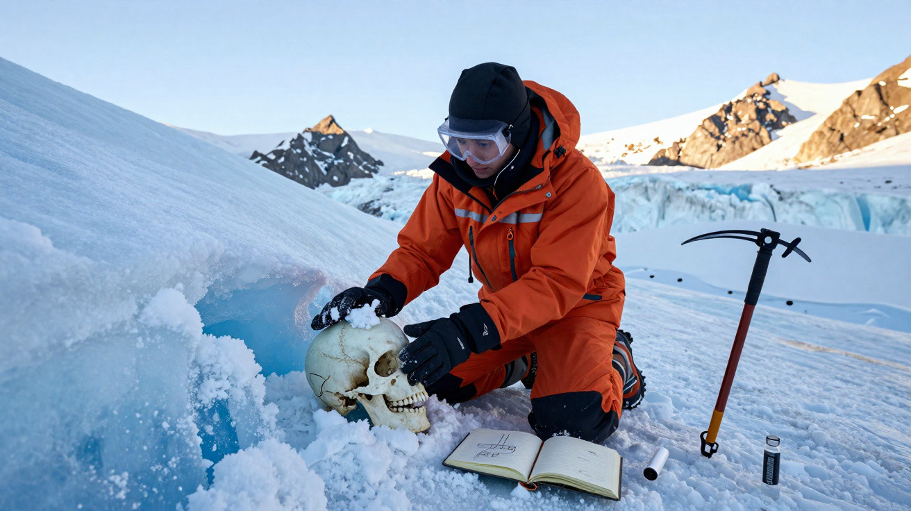Investigador em roupa laranja examina crânio humano numa paisagem glaciar com ferramentas de escavação.