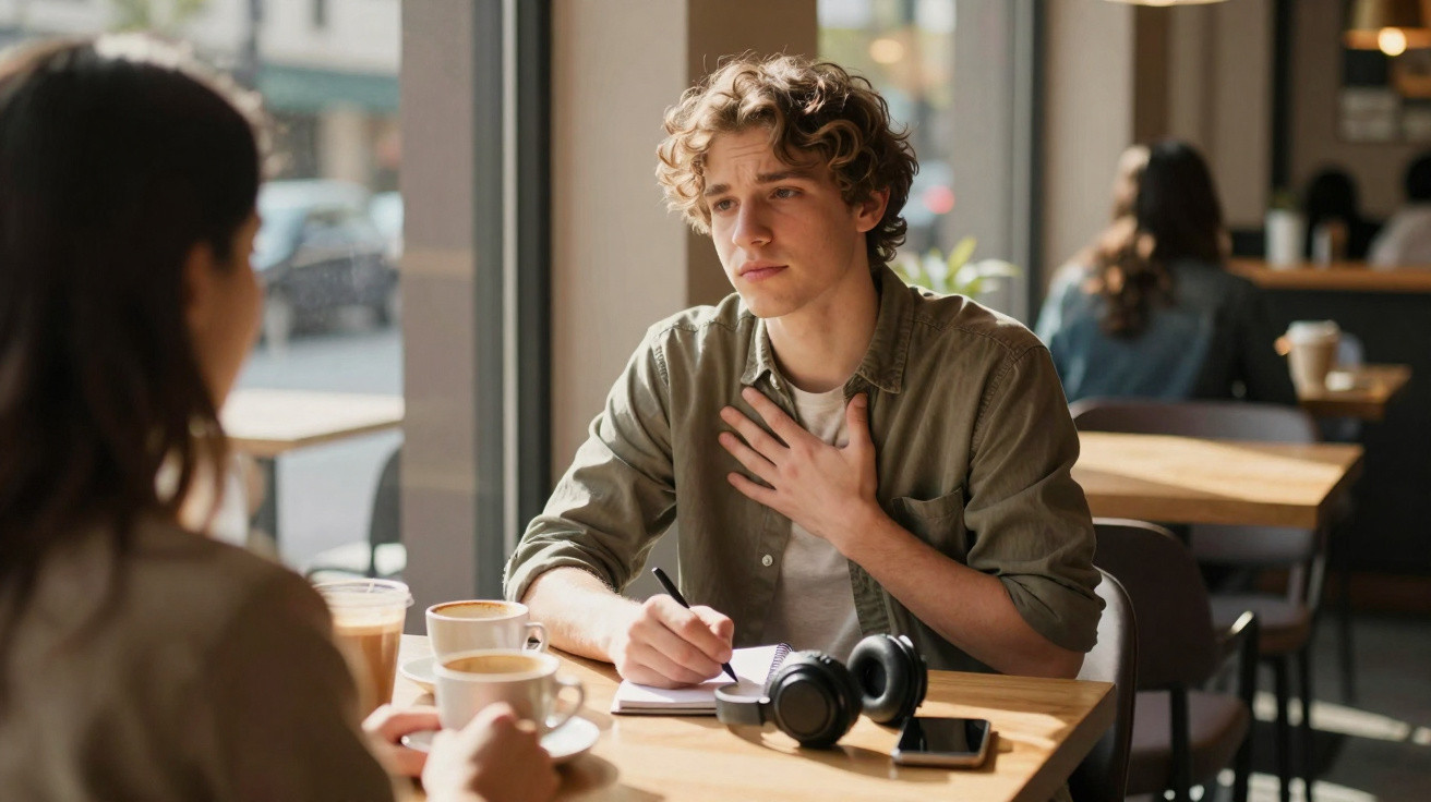 Homem jovem expressa preocupação enquanto conversa e escreve num café com outra pessoa.