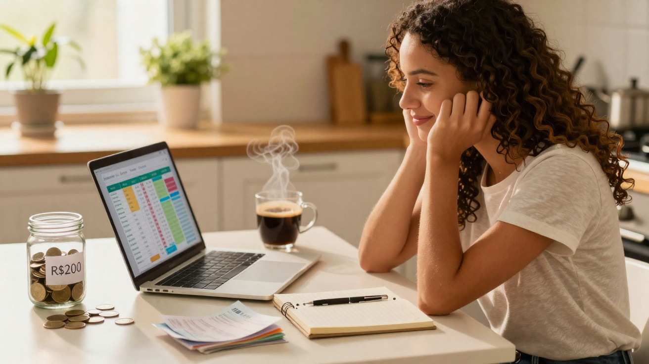 Mulher sorridente a planear finanças em laptop, com jarra de moedas, caderno e café numa cozinha iluminada.