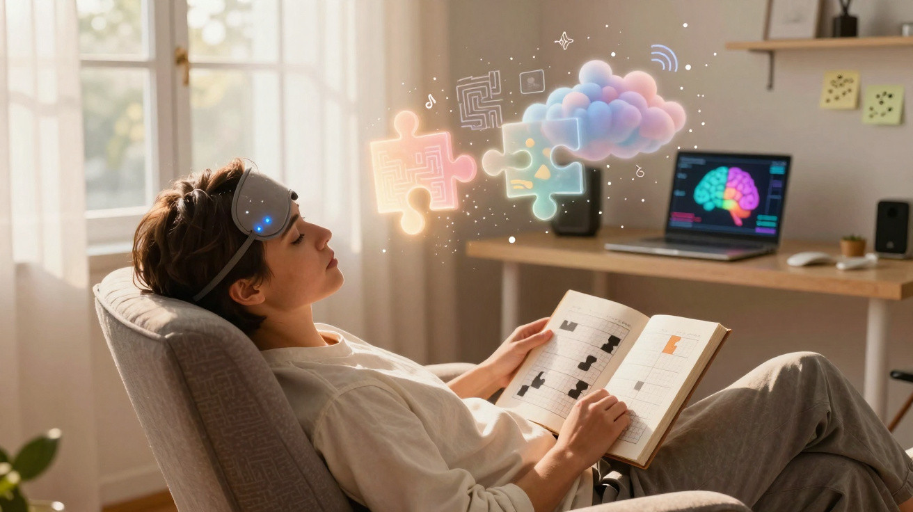 Pessoa sentada com dispositivo na cabeça e livro aberto, com ilustração digital de cérebro e peças de puzzle.