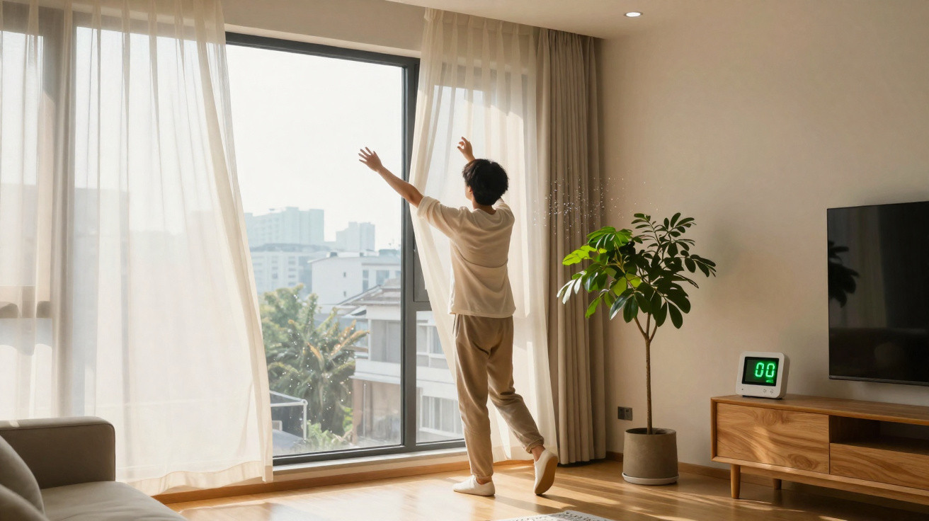 Pessoa a abrir cortinas de vidro num quarto moderno, com plantas e televisão na sala.