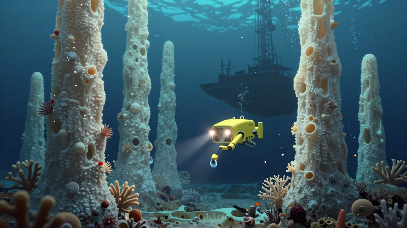 Veículo subaquático amarelo explorando formações rochosas com esponjas e corais, navio à superfície ao fundo.
