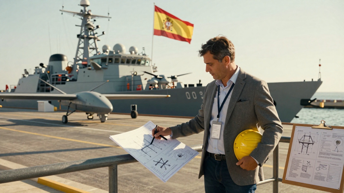 Homem com capacete amarelo e planta na mão, junto a navio militar com bandeira de Espanha num cais.