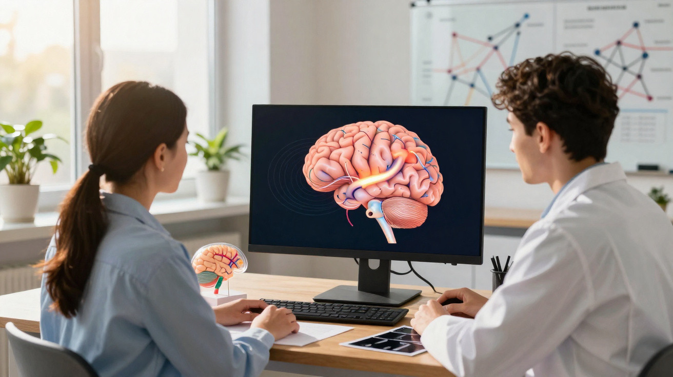 Dois profissionais de saúde analisam imagens e modelo 3D do cérebro num ambiente clínico.
