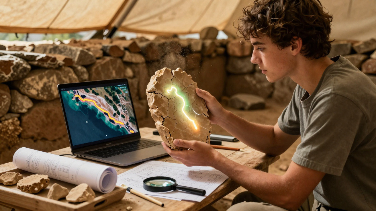 Jovem arqueólogo analisa fragmento antigo com mapa digital e ferramentas de estudo numa tenda.