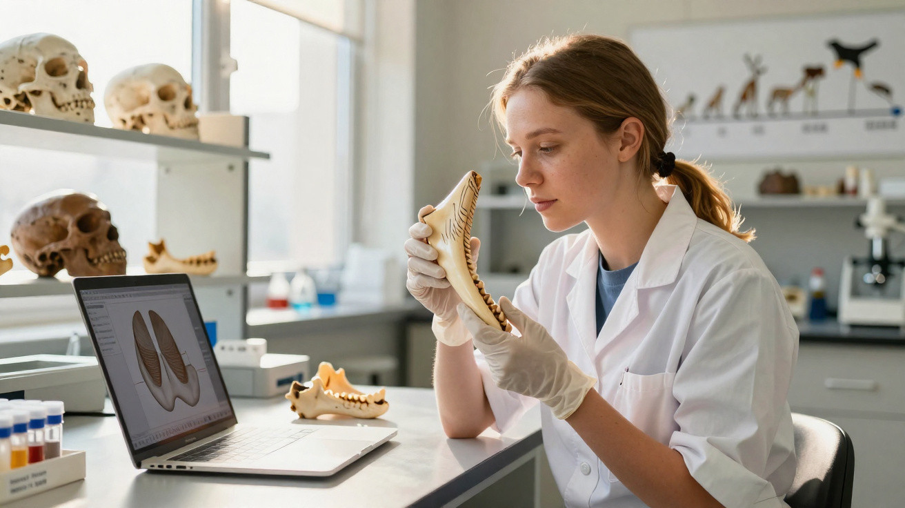 Cientista analisa mandíbula de animal em laboratório com crânios e laptop à frente.