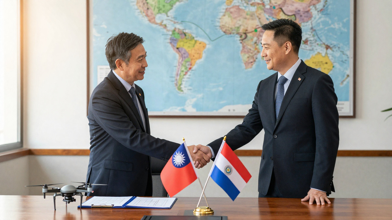 Dois homens em fato a apertar as mãos numa sala com mapa-múndi, bandeiras de Taiwan e Paraguai na mesa.