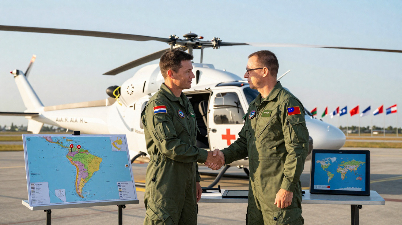 Dois pilotos militares cumprimentam-se à frente de um helicóptero branco com cruz vermelha, com mapas na mesa ao lado.