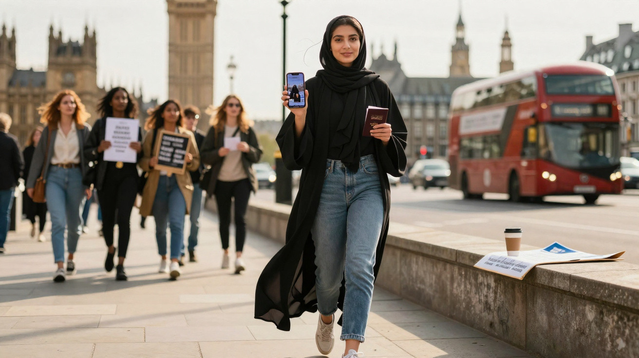 Mulher com véu e camisa preta caminha, mostrando telemóvel e passaporte, com autocarro vermelho e grupo ao fundo em Londres.