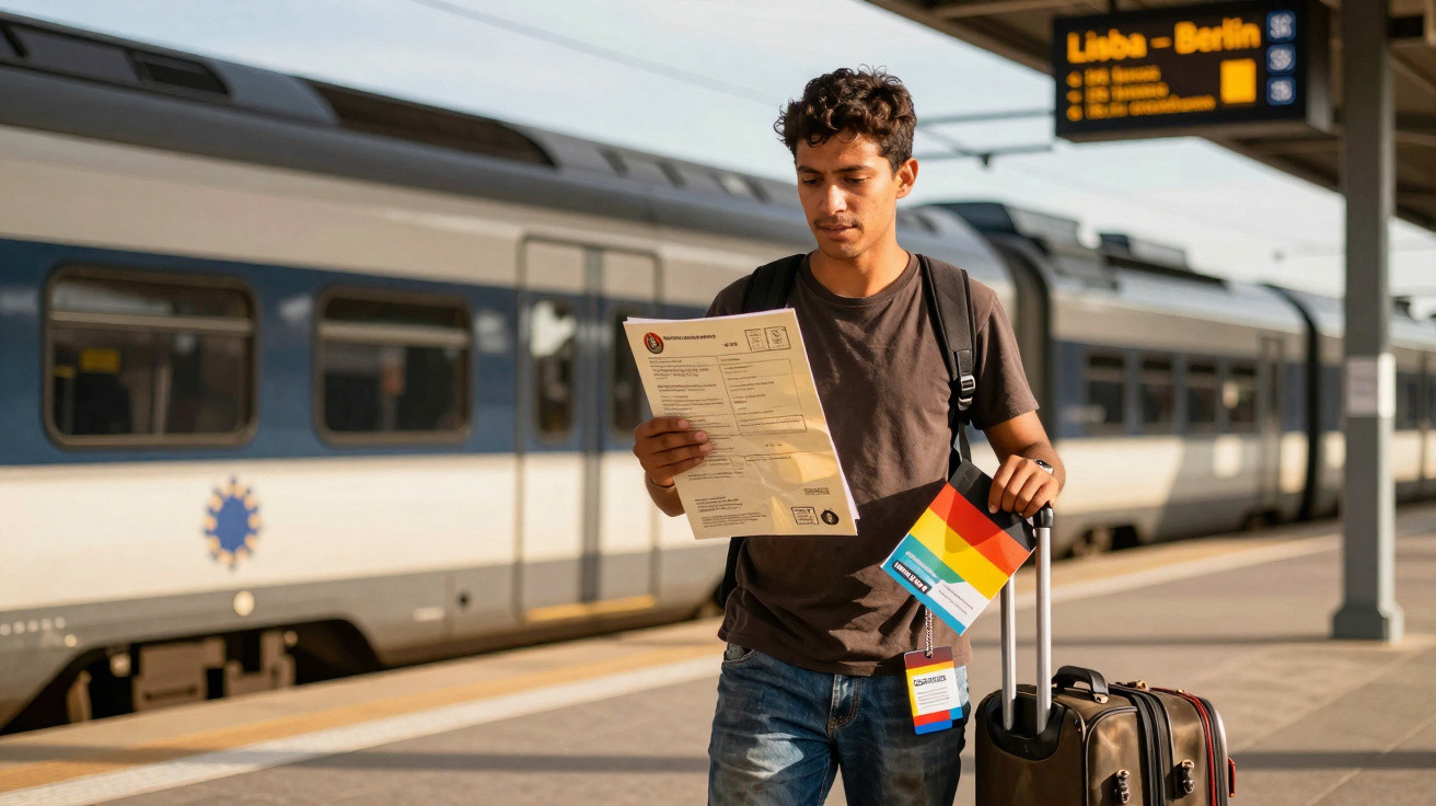 Homem com mochila e mala na estação de comboios lendo documento com comboio ao fundo.