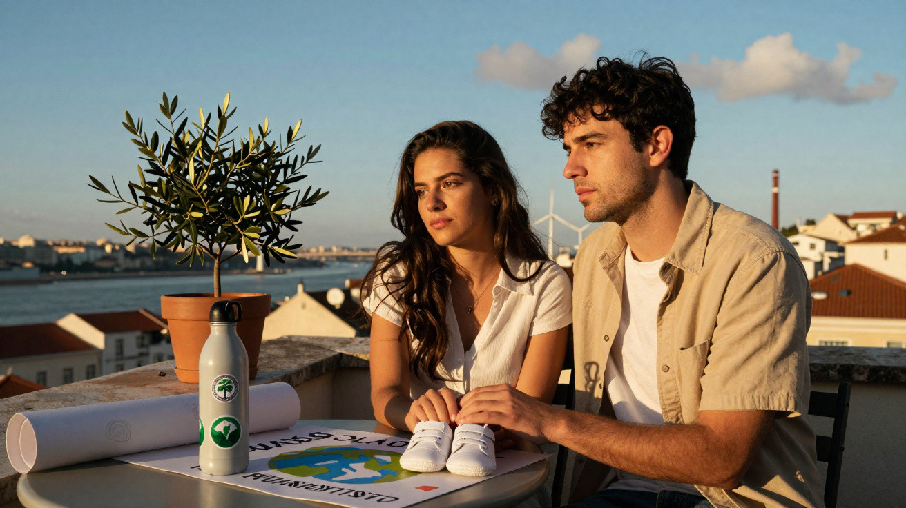 Casal jovem sentado numa varanda ao pôr do sol com sapatinhos de bebé e planta numa mesa.