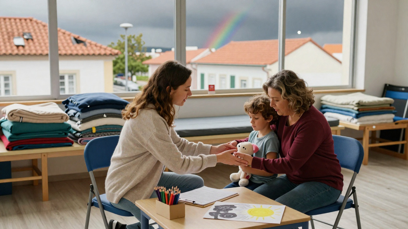 Duas mulheres e uma criança sentadas numa sala com desenhos numa mesa e um arco-íris na janela atrás.