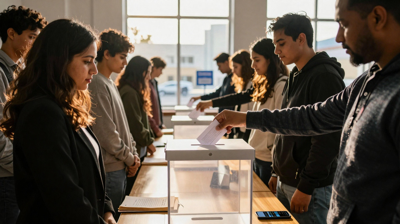 Jovens em fila a votar numa urna transparente numa sala com luz natural pela janela