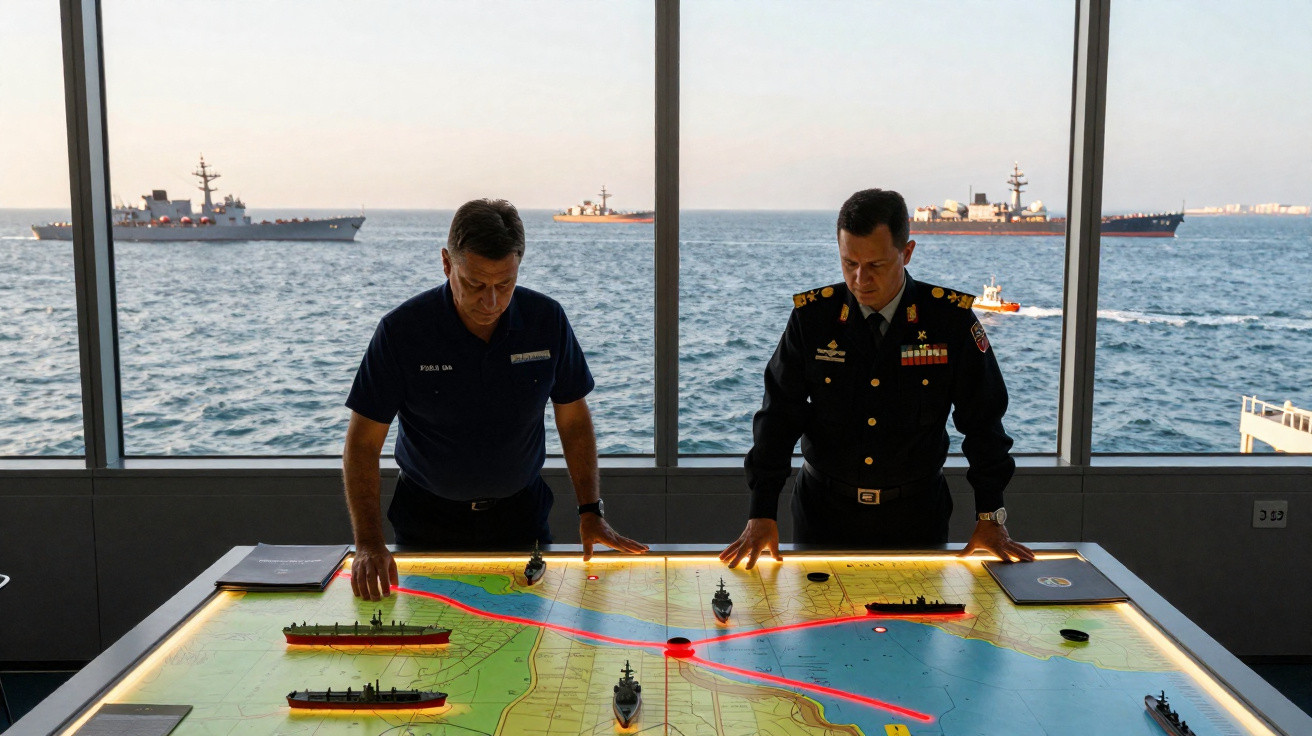 Dois militares analisam mapa marítimo iluminado com miniaturas de navios em sala com vista para o mar e navios ao fundo.